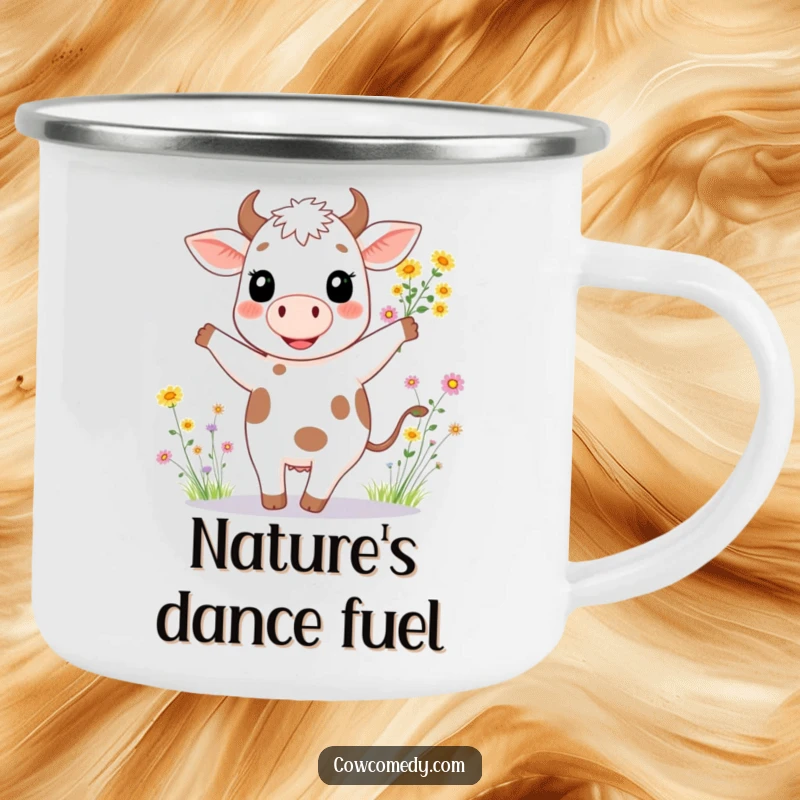 Funny enamel camping mug with a happy cow joyfully dancing, holding a bouquet of wildflowers.