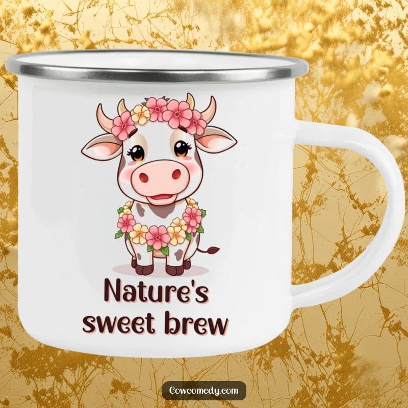 Funny Camping Mug of a silly cow wearing a floral garland, perfect for whimsical outdoor enjoyment and humor.