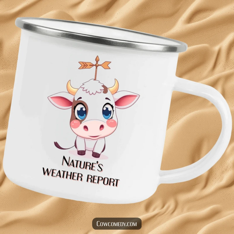 Funny kawaii cow with big, curious eyes, looking at a spinning weather vane, on a sturdy camping mug.
