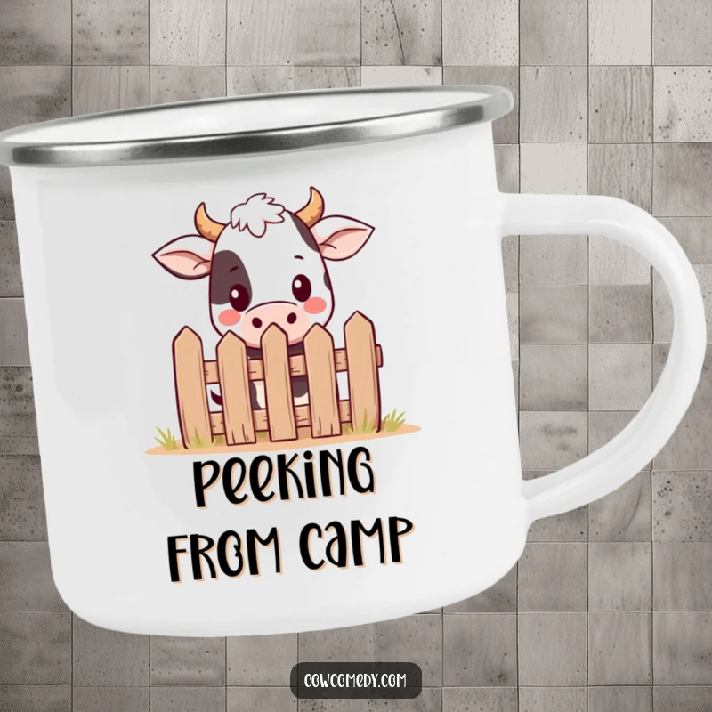 Funny kawaii cow camping mug featuring a cute cow peeking over a tiny fence, perfect for outdoor adventures and warm drinks.