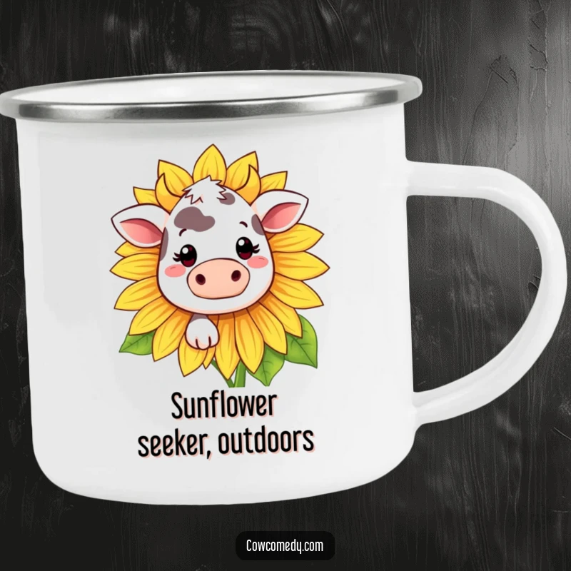 Funny Kawaii cow camping mug showing a shy cow peeking from behind a sunflower, perfect for outdoor smiles.