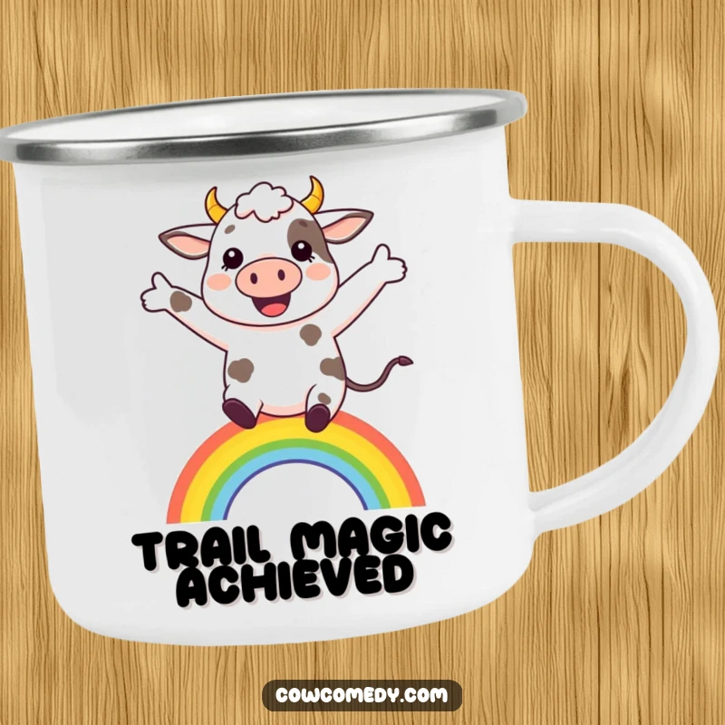 Funny happy cow leaping over a miniature rainbow on a sturdy camping mug, perfect for outdoor enjoyment.