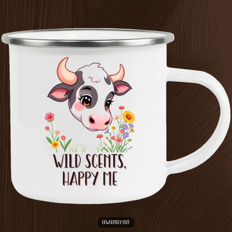 Funny camping mug graphic of a curious cow standing in a field, sniffing happily at a bouquet of wildflowers. Durable and charming.