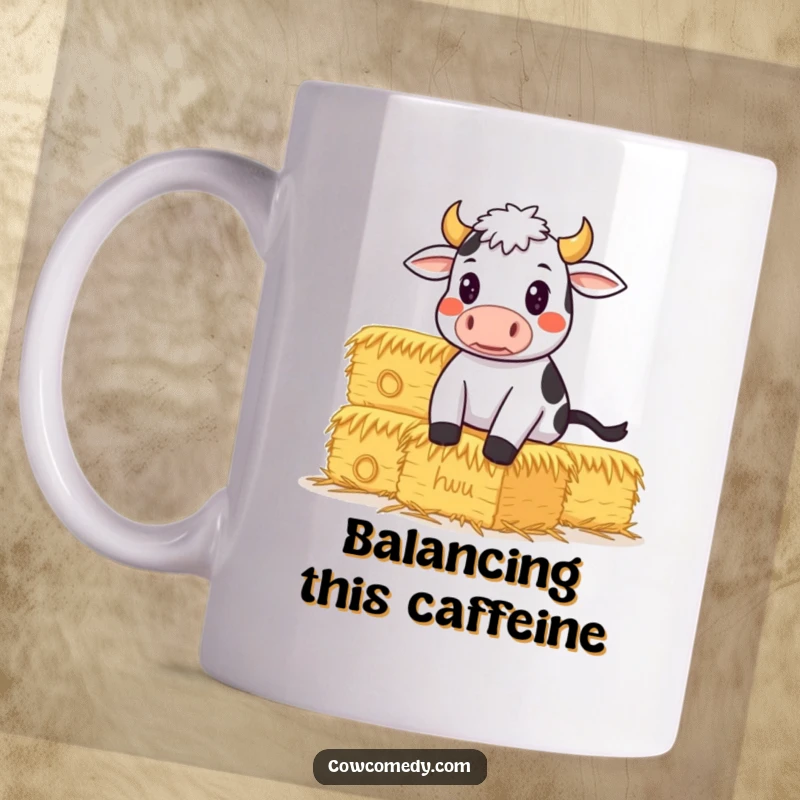 Funny Mug featuring a determined cow precariously balancing a tall stack of hay bales, conveying effort and humor.