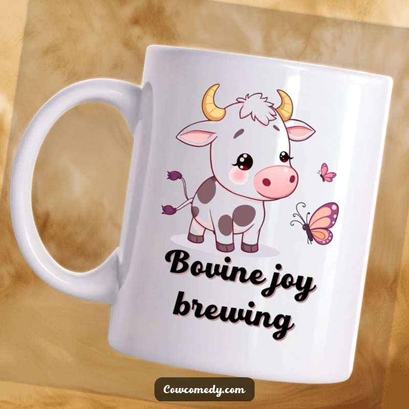 Funny Mug showing a cow wiggling its tail with amusement, near a cartoon butterfly, celebrating playful farmyard joy.