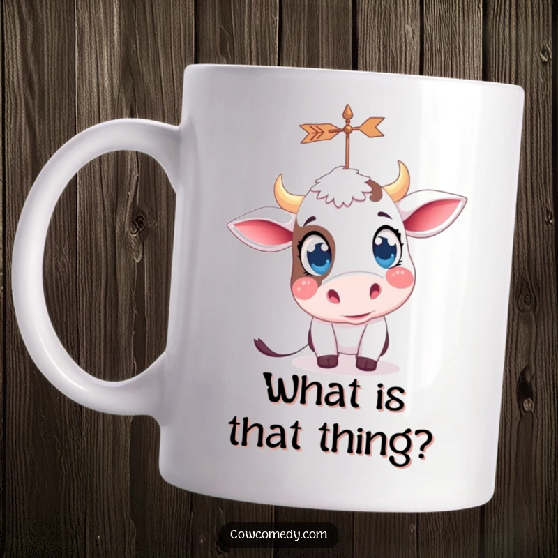 Funny kawaii cow with big, curious eyes, looking upwards at a spinning weather vane on a mug, expressing wonder.