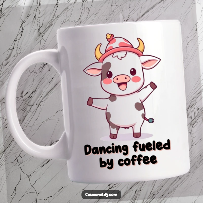 Funny kawaii cow wearing a silly hat, joyfully dancing with abandon on a mug, radiating pure happiness.