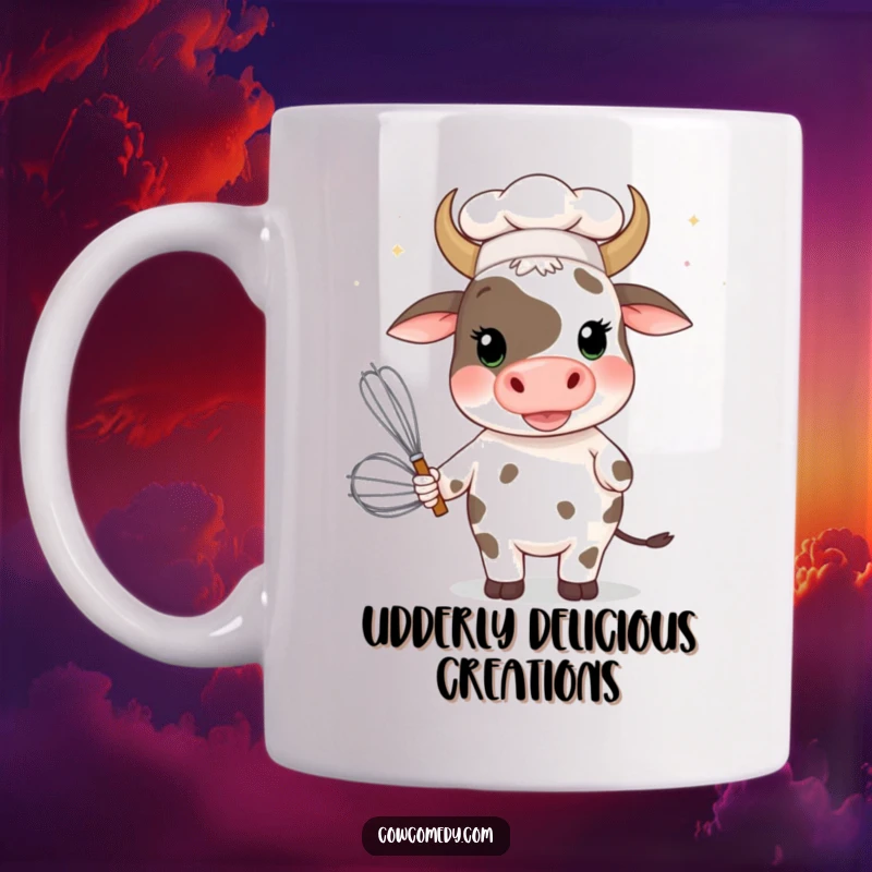 Funny chef cow wearing a tiny hat, holding a giant whisk, looking comically serious, perfect for kitchen humor gifts.