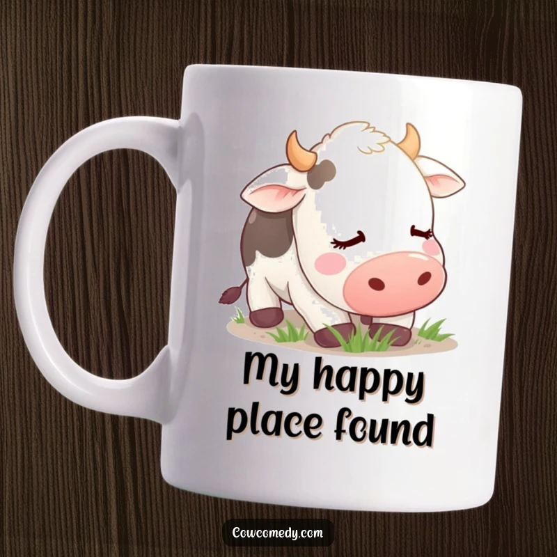 Funny Mug featuring a blissfully contented cow with eyes closed, peacefully grazing in a field, embodying serenity and humor.