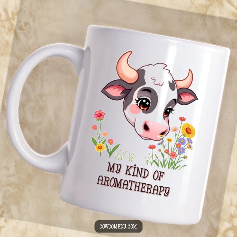 Funny mug with a curious cow gently sniffing a colorful bouquet of wildflowers, showcasing a delightful and gentle personality.