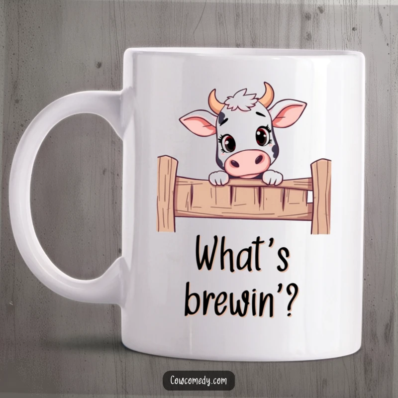 Funny mug showing a curious cow peeking inquisitively over a rustic wooden fence.