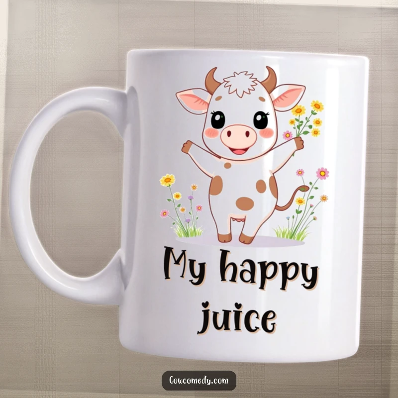 Funny mug featuring a happy cow with a wide smile, joyfully dancing with a vibrant bouquet of colorful wildflowers.