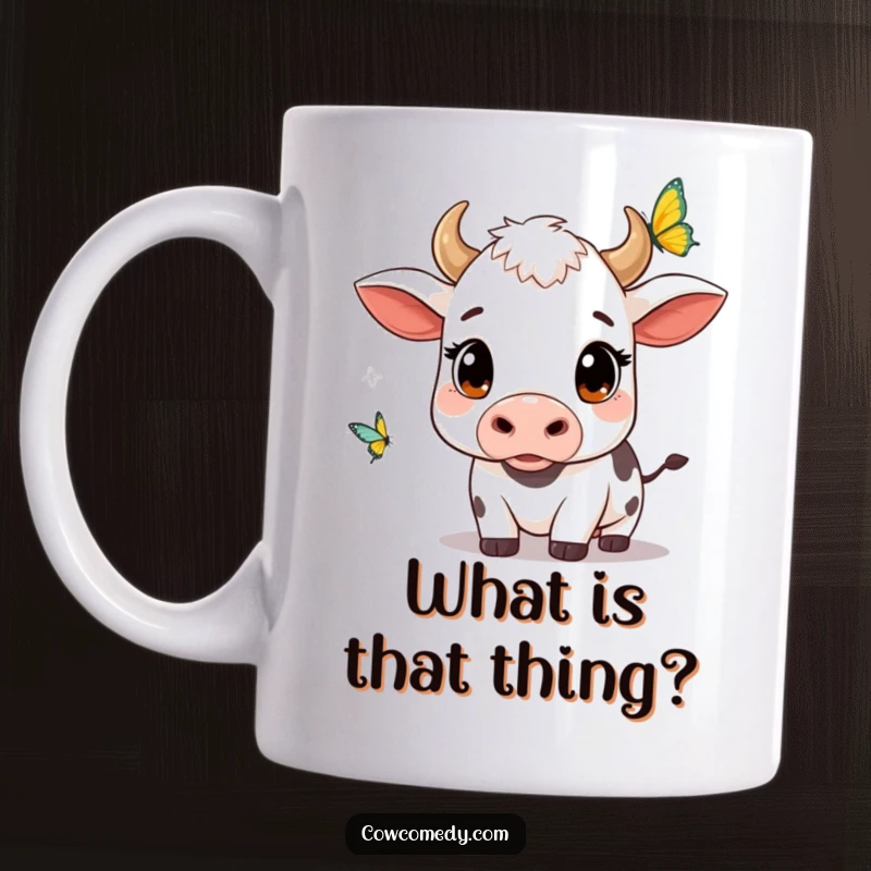 Funny kawaii cow mug with wide, curious eyes, observing a colorful butterfly fluttering nearby, showcasing gentle fascination and wonder.