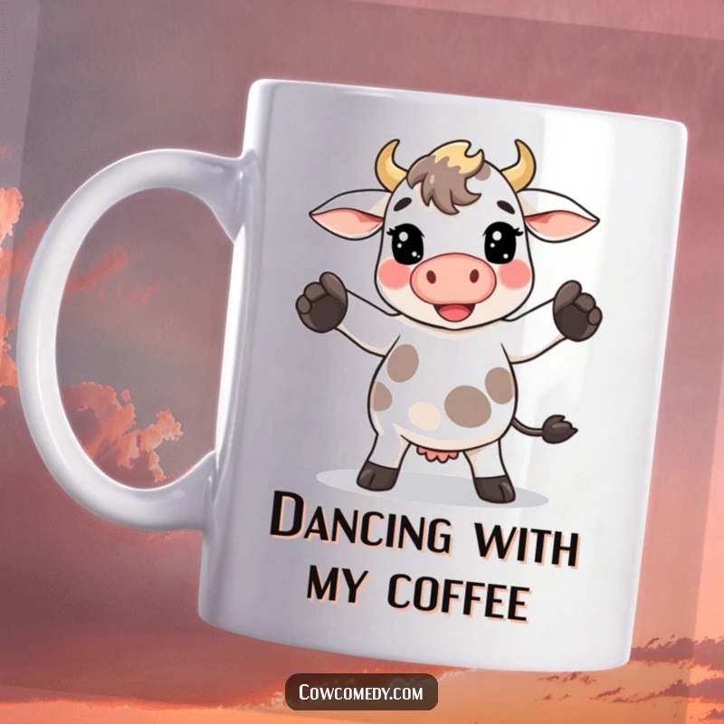 Funny Kawaii cow mug showing a happy cow performing a goofy dance move with its hooves in a celebratory pose.
