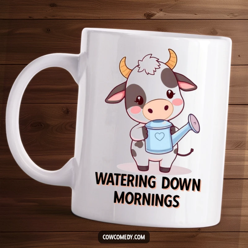 Funny kawaii cow mug with a cute cow holding a miniature watering can, looking playfully engaged in gardening.
