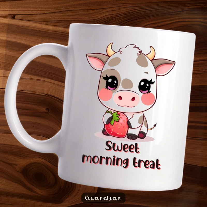 Funny kawaii cow mug with a cute, blushing cow holding a giant strawberry with both hooves, radiating sweetness and charm.