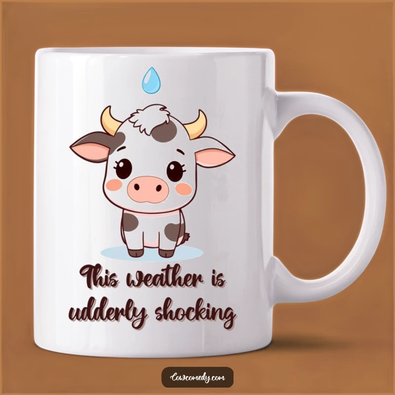 Funny Kawaii surprises mug, perfect gift for cow lovers, art featuring a surprised cow and raindrop.