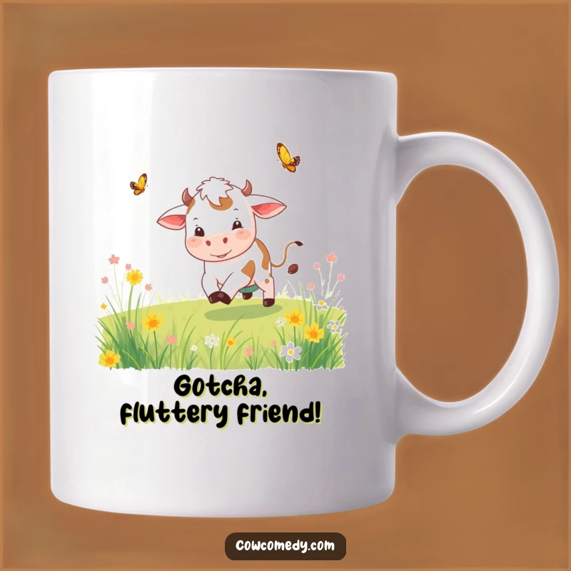 Funny Playful Cow Mug Chasing Butterfly A Joyful Funny Gift