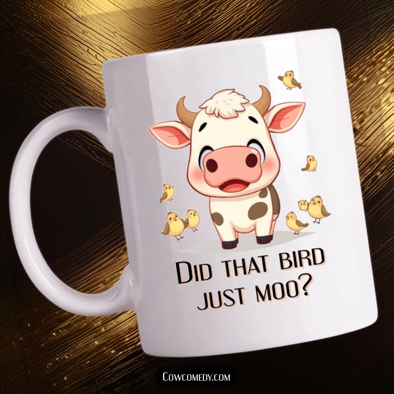 Funny cow with wide eyes looking surprised at small flying birds on a mug, capturing a moment of awe.