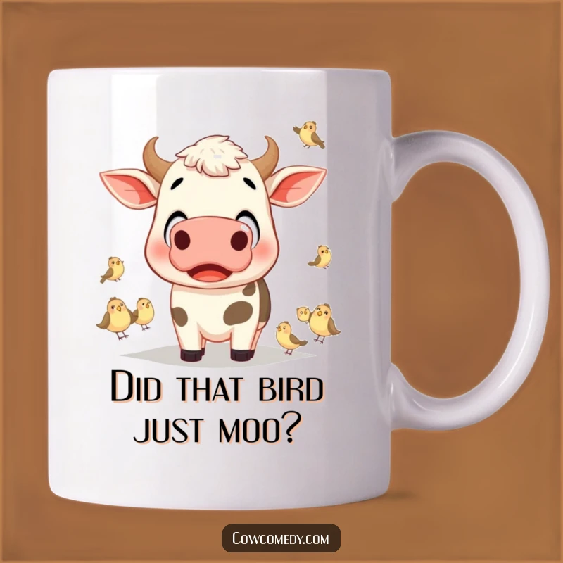 Funny Surprised Cow Mug: Wide-Eyed Wonder at Birds, a Hilarious Funny Gift