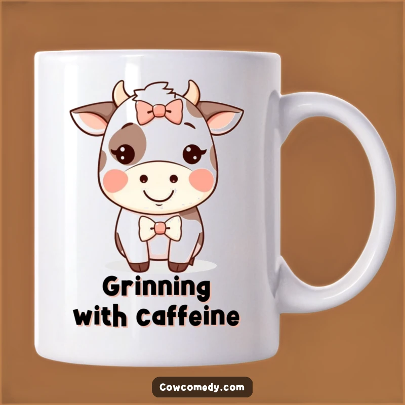 Funny Kawaii Cow Grin Mug - Silly Bow, Adorable Happy Funny Gift!