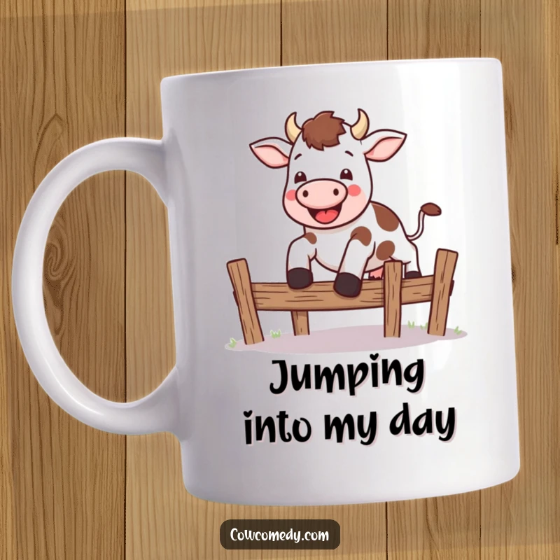 Funny kawaii cow mug featuring a cute cow enthusiastically leaping over a small, stylized fence with great energy and happiness.