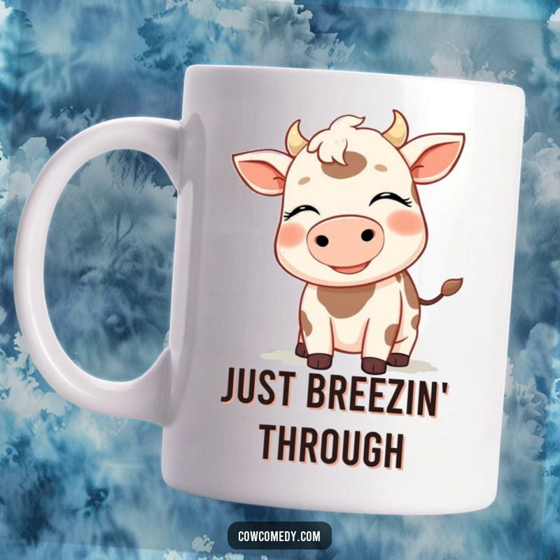 Funny mug showing a smiling cow with eyes closed, feeling a gentle breeze, radiating pure relaxation and joy, a great gift.