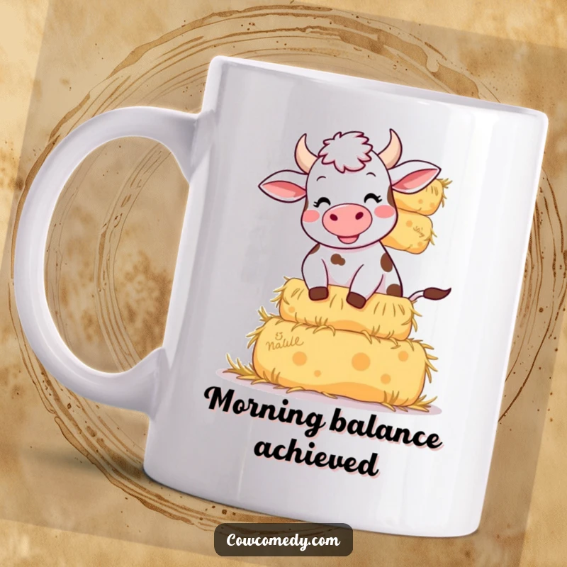 Funny mug showing a cow mid-giggle, struggling humorously to keep a tall stack of hay bales from toppling over.