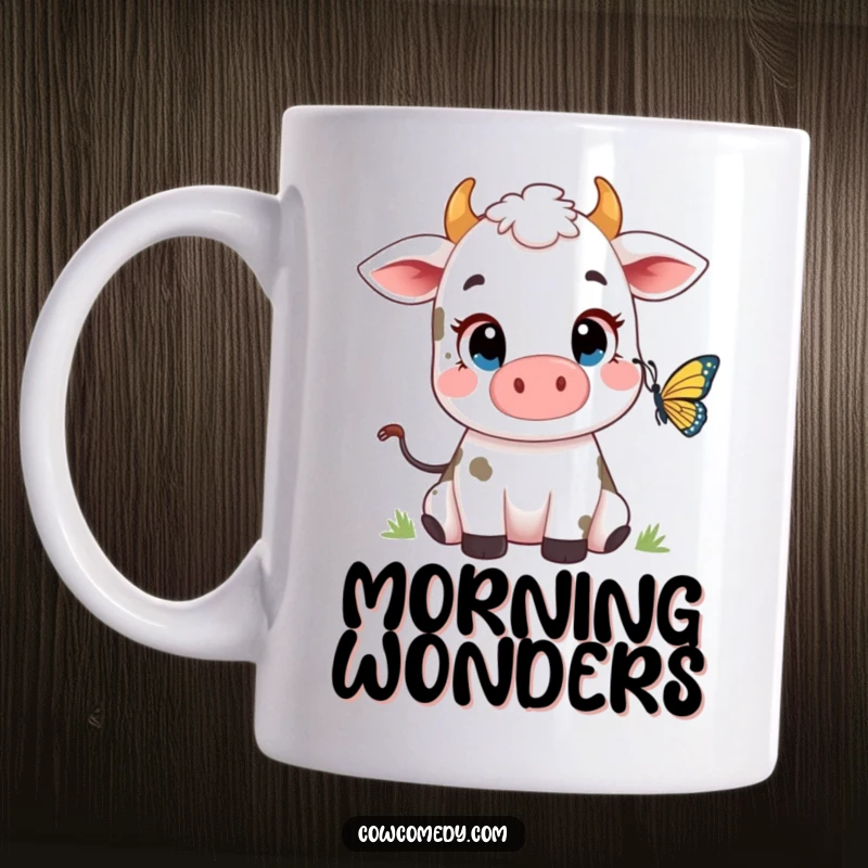 Funny Wide-Eyed Cow and Butterfly Mug: a cute cow character gazing with wide, astonished eyes at a delicate butterfly fluttering nearby.