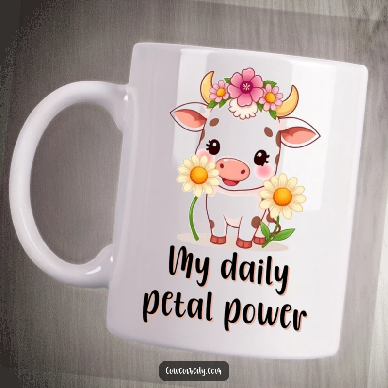 Funny kawaii cow wearing a flower crown, happily chewing a large daisy on a ceramic mug, radiating peaceful joy.