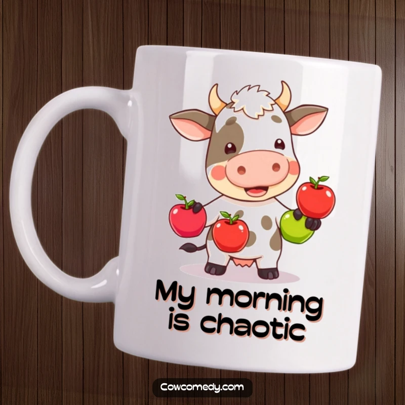 Funny kawaii cow wobbly attempting to juggle three colorful apples on a coffee mug, looking slightly panicked but determined.