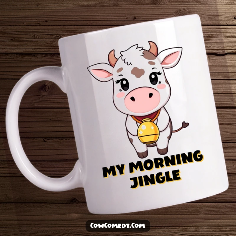 Funny mug depicting a whimsical cow with a bright expression, wearing a bell that emits tiny sparkles of joy.