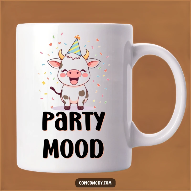 Funny Excited Cow Party Hat Mug: Confetti Celebration Gift