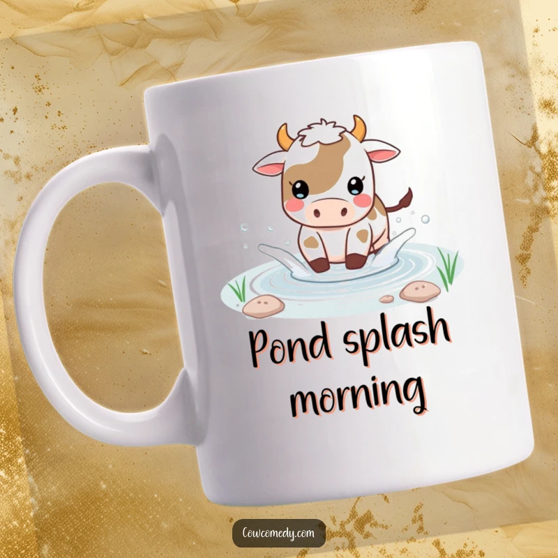 Funny Kawaii cow mug showing a happy cow playfully splashing water in a small, serene pond.