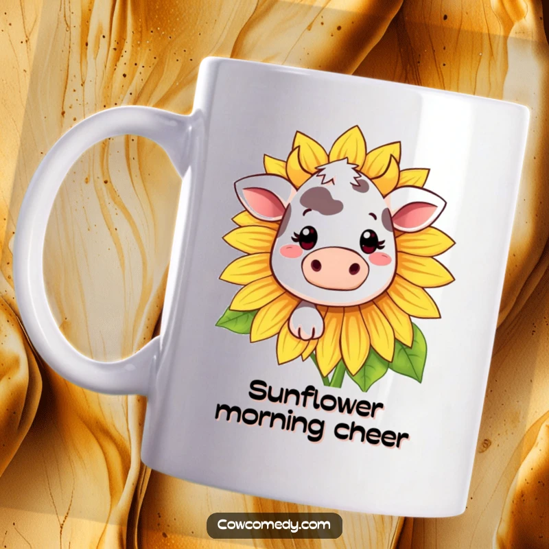 Funny Kawaii cow mug with a shy smile, peeking playfully from behind a giant sunflower, radiating sweetness.