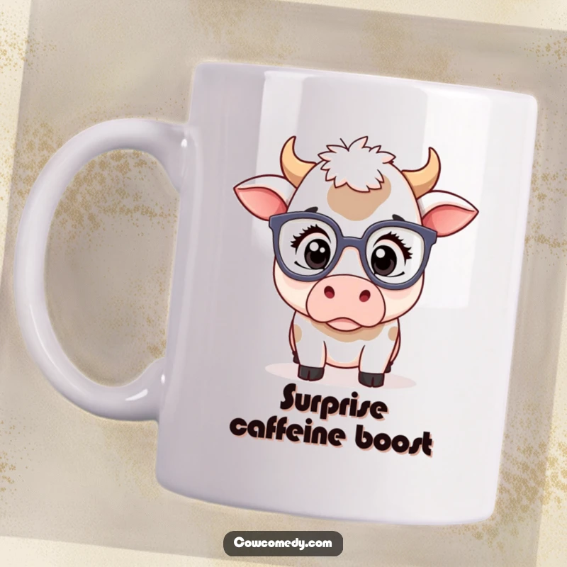 Funny kawaii cow mug with a cute cow wearing oversized spectacles, its eyes wide with a comically surprised expression.
