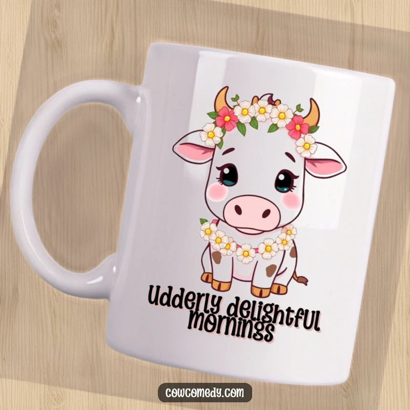 Funny Mug featuring a gentle cow wearing a flower garland, looking softly at the viewer, exuding sweet farm charm.