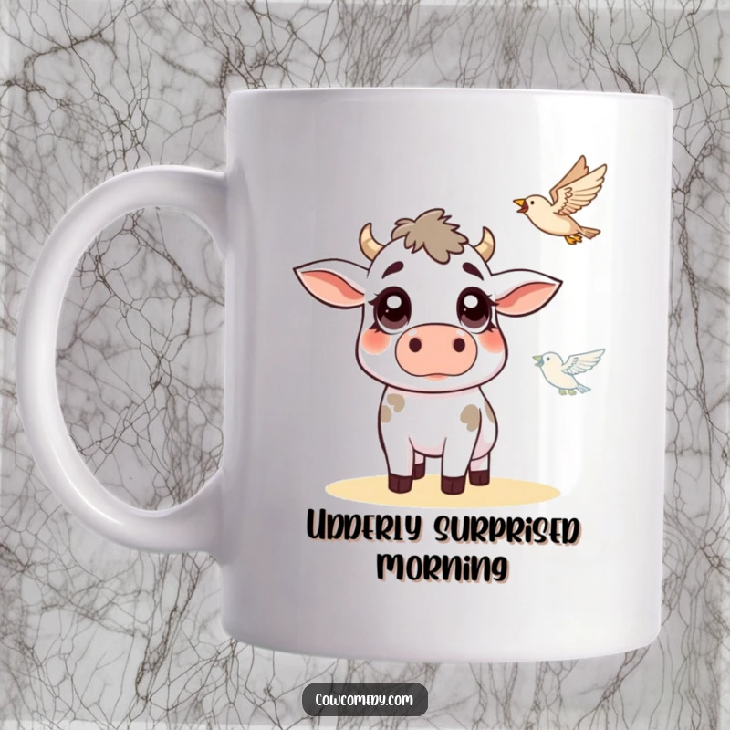 Funny cow mug showing a cow with wide, astonished eyes staring up at a bird flying by, capturing a moment of farmyard surprise.