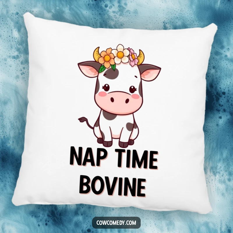 Funny Kawaii Cow Pillow featuring a sweet cow wearing a flower crown. Soft and decorative cushion, ideal for beds, sofas, and adding cute accents.