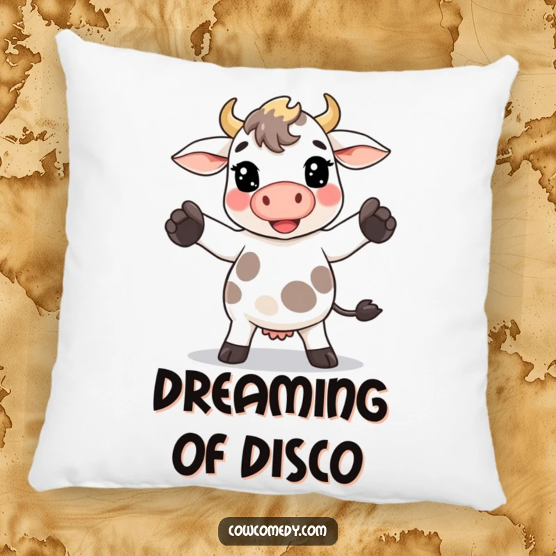 Funny Kawaii cow pillow with a cow doing a goofy dance move with its hooves, perfect for cozy fun.