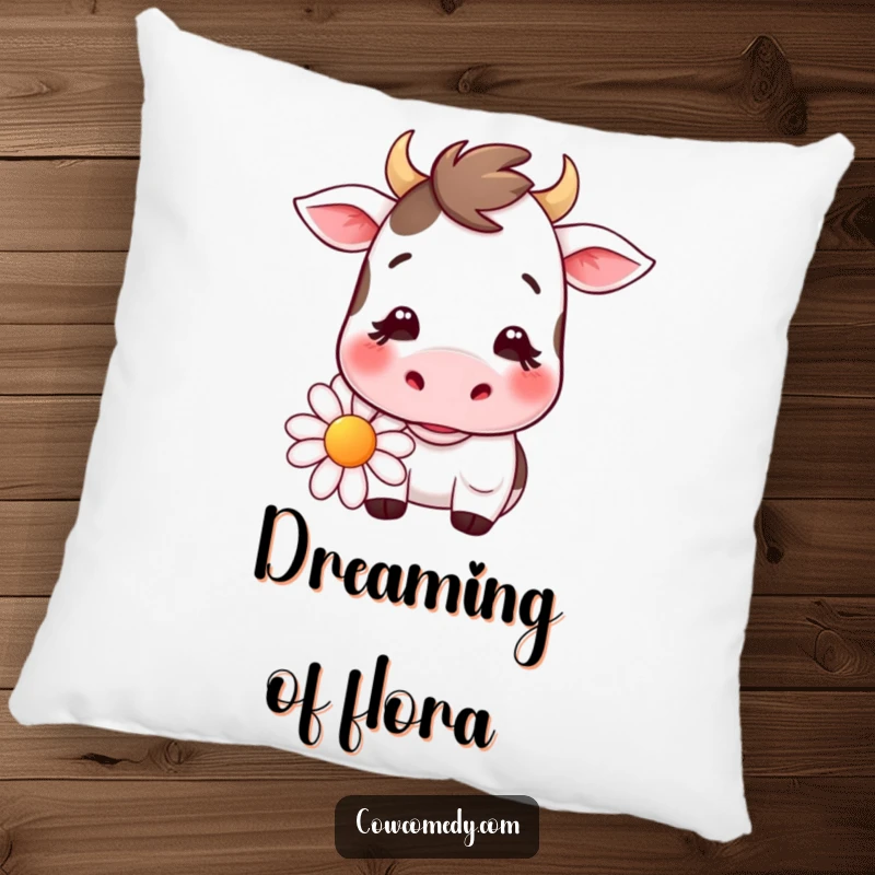 Funny kawaii cow pillow featuring a gentle cow with a smile, happily chewing a large daisy, perfect for adding comfort and cuteness.