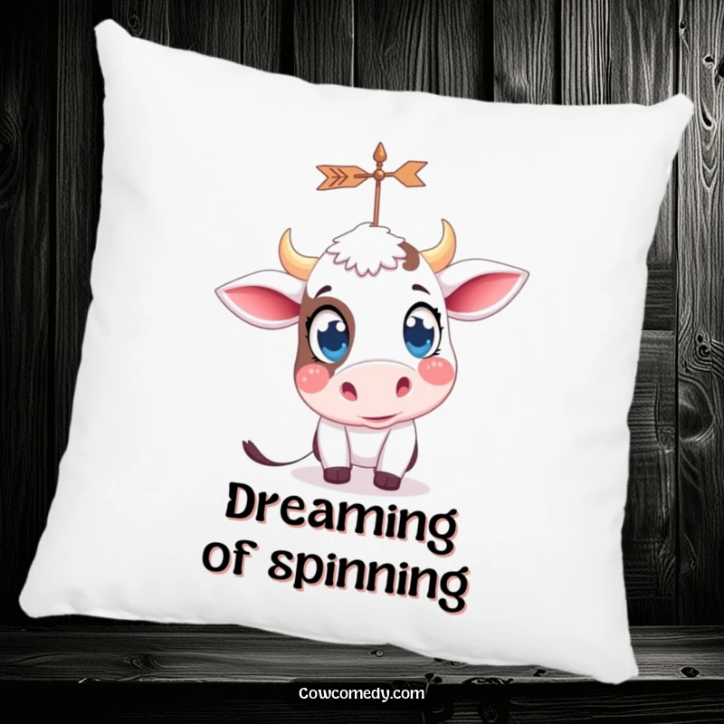 Funny kawaii cow with big, curious eyes, looking at a spinning weather vane, depicted on a soft, plush pillow.