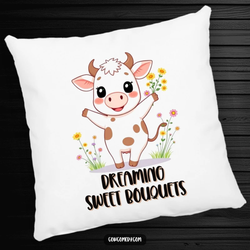Funny decorative pillow showcasing a happy cow with a wide smile, dancing joyfully with a bouquet of wildflowers.