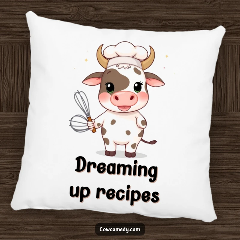 Funny cow chef with a huge whisk on a plush pillow, offering comfort and comedic charm for any room.
