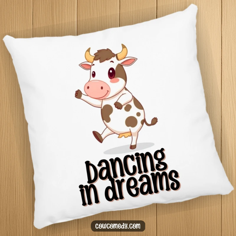 Funny Pillow featuring a cheerful cow doing a jig, offering cozy comfort and humorous dance-themed charm.