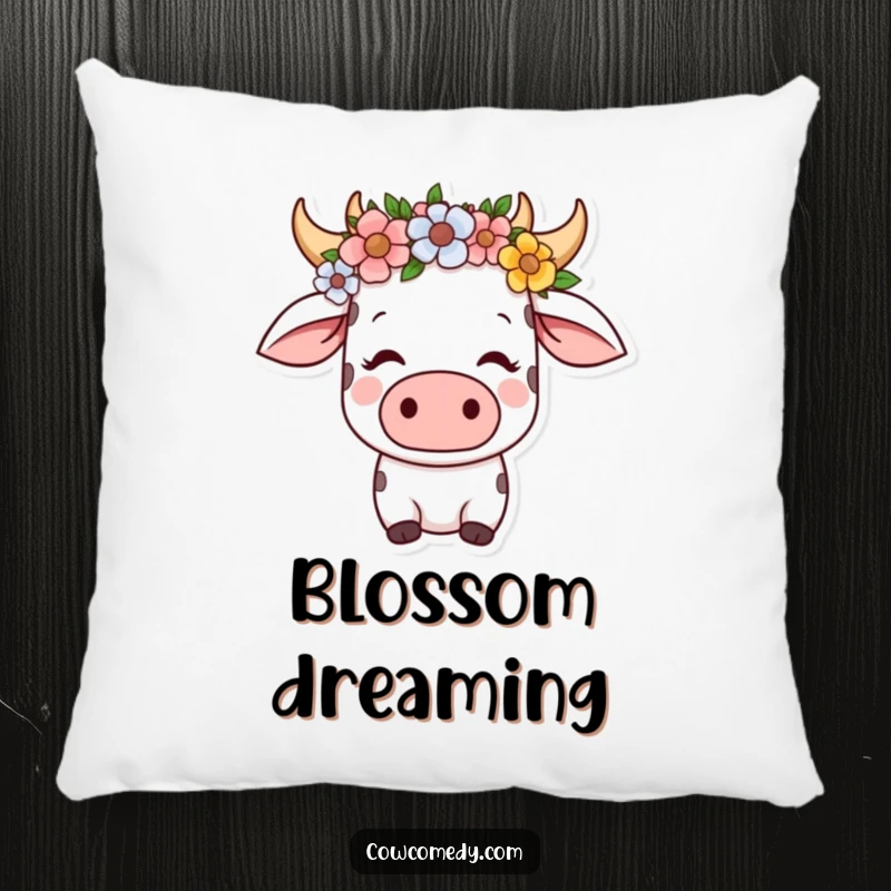 Funny kawaii cow pillow with a flower crown, looking serene and content, offering comfort and a peaceful aesthetic.