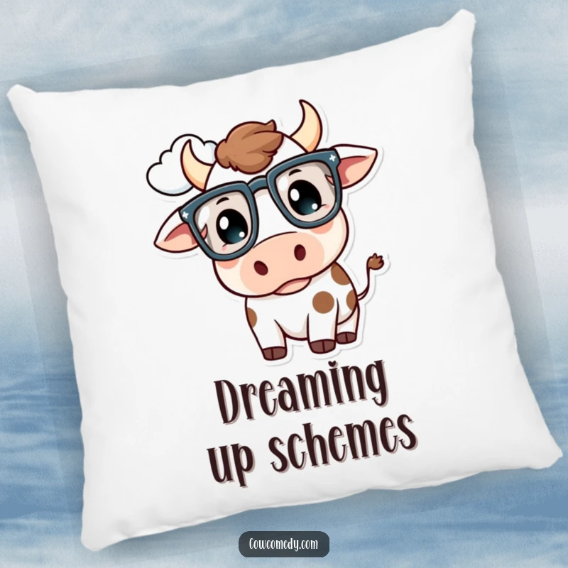 Funny Kawaii Cow Pillow: A cow with oversized glasses thoughtfully gazes at a cloud, a soft and funny gift.