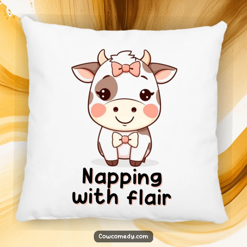 Funny Kawaii cow pillow with a happy grinning cow wearing a silly bow, perfect for cozying up with smiles.