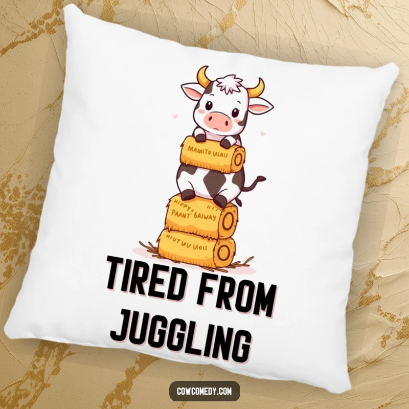 Funny Kawaii Cow Pillow: A kawaii cow humorously balances a stack of hay bales, a soft and funny gift.