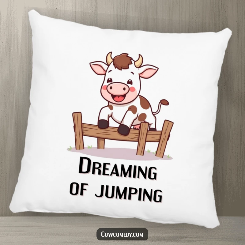 Funny kawaii cow pillow with a cute cow leaping over a small fence, bringing energetic charm to any room.